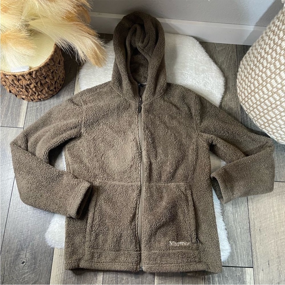 Marmot Women’s Size Large Warm Brown Fuzzy Teddy Hooded Zip Up Jacket